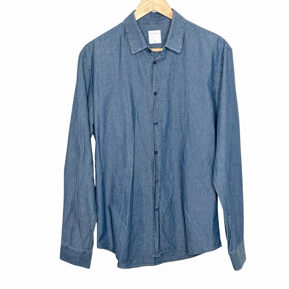 Sandro Chambray Button Up Shirt Blue Mens Size XL Long Sleeve Business Casual